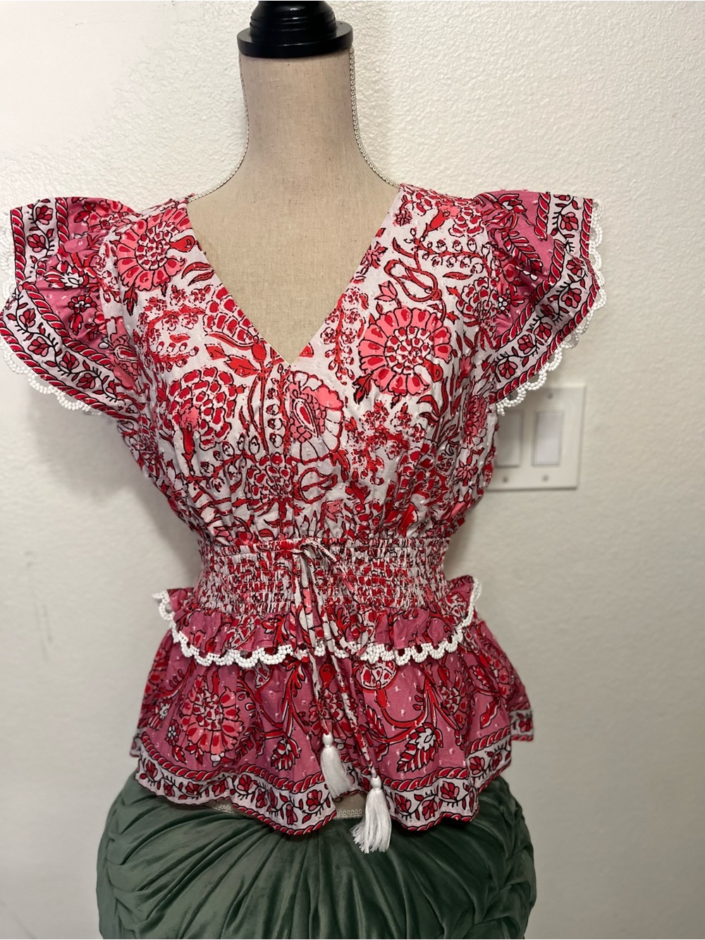Boho Pink Floral Smocked Waist V-Neck Blouse